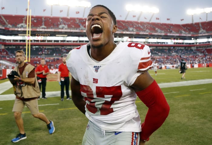 Sep 22, 2019; Tampa, FL, USA; New York Giants wide receiver Sterling Shepard (87) celebrates after defeating the Tampa Bay Buccaneers at Raymond James Stadium.